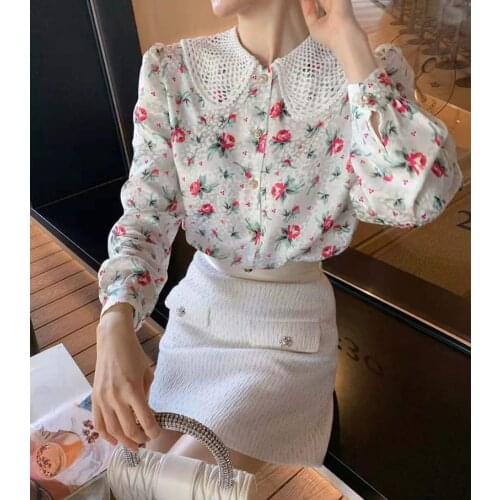 2021 Autumn Shirts Fashion Casual High Quality Doll Collar Hollow Printed Shirt Women Blouses