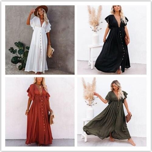 2021 Beach Bikini Cover Up Women Tunics for Beach Short Sleeve V Neck White Beachwear Dress Wear Swimwear Vestidos Cover Up