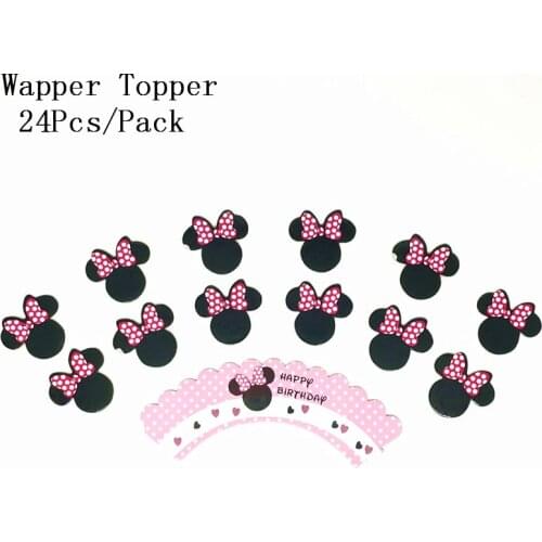 24 pcs Disney Pink Minnie Mouse Theme Birthday Party Cartoon Cupcake Wrappers And Toppers Christmas Cake Decorations Supplies