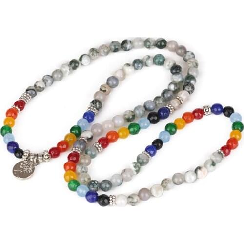 6mm Solor System Colors Crystal Green Lace Stone Tree Of Life Spacer Charm Layers Prayer Bracelet Necklace For Man Woman