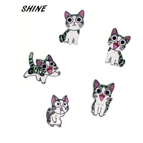 SHINE Wooden Sewing Buttons Scrapbooking Cat Mixed Two Holes 16-26mm 12PCs Costura Botones Decorate bottoni botoes