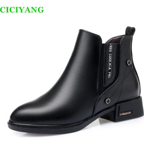 2020 Full cowhide Womens casual Martin boots winter Wool booties Autumn single boots Genuine Leather Womens black ankle boots