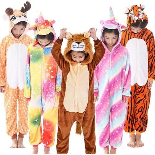 Kigurumi Children Unicorn Pajamas For Boys Girls Winter Overalls Onesie Kids Animal Licorne Panda Cosplay Blanket
