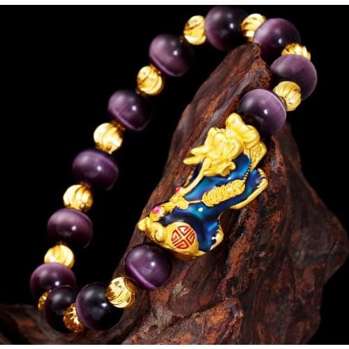 Natural Purple Cat 's-eye Stone Discoloration Pixiu Elastic Bracelet Jewellery Fashion Accessories Amulet Women Luck Bangle