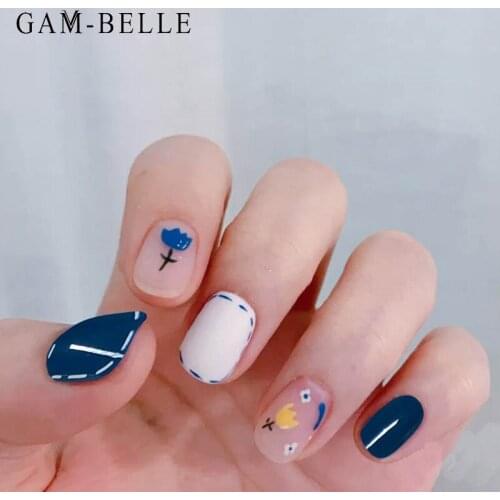 GAM-BELLE 24Pcs Matte Blue False Nails Small Fresh Flower French Detachable Full Cover Artificial Fake Nails Art Manicure Tool