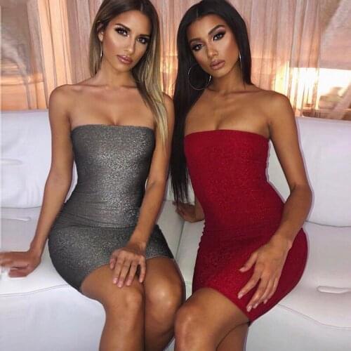 HUAN BEAUTY New Women Solid Lurex Dress Sexy Female Fit Tight Buttock Strapless Shiny Dress Short Dress Party Plus Size HBD875