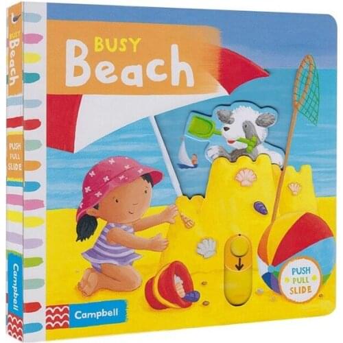 Campbell Busy Beach push pull slide movable Mechanical book English picture flap board book baby kids early education toy