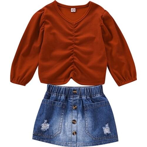 2Pcs Summer lovely Outfits Solid Color V-Neck Long Sleeves Ruffled T-shirts Elastic Waist Button Open Skirts Suit for Baby Girls