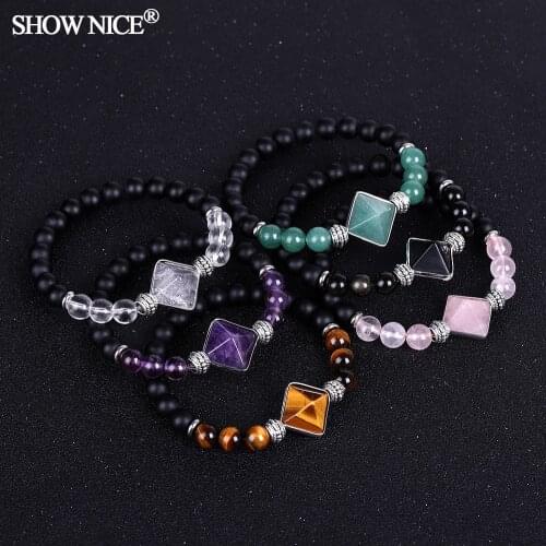 Pyramid Shape Quartz Bracelets Natural Stone Tiger Eye Pink Quartz Stainless Steel Accessories Women Beaded Bracelet