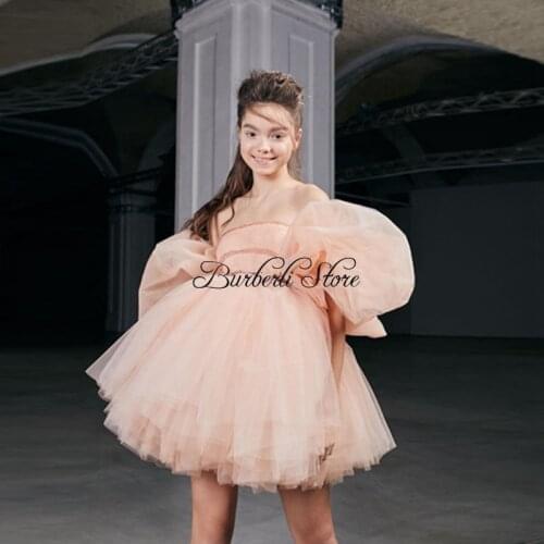 Extra Fluffy Tulle A-line Mini Women Dress With Puff Half Sleeves Off The Shoulder Puffy Mesh Girls Dress To Brithday Party