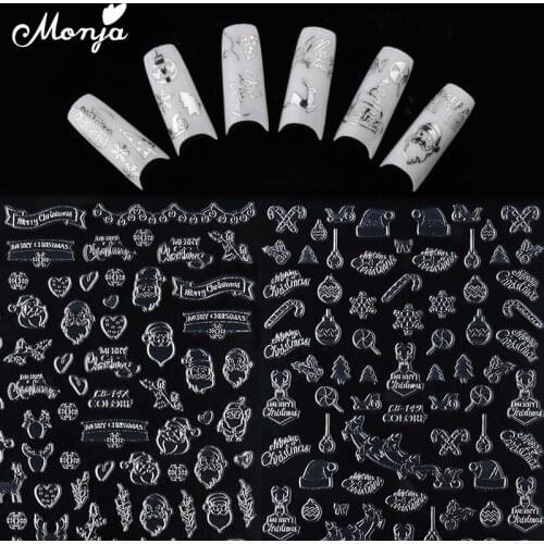 Monja Nail Art Silver Christmas Series Stickers for Nails Self-adhesive Snowflake Elk Manicure Decorative Accessories