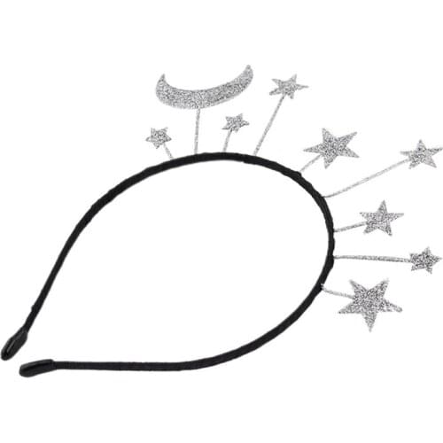 Princess Girl Halloween Party Crown Headband Glitter Powder Moon Star Charms Metal Alloy Hair Hoop Birthday Tiara Headpiece Gift