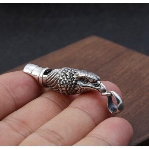S925 Sterling Silver Thai silver Engrave Personality eagle head whistle Pendant Vintage Animal Men women fine Necklace