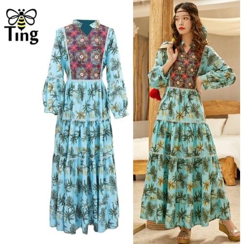 Tingfly Vintage Bohemian Floral Print Maxi Dresses Tropical Boho Exotic Holiday Long Dress Streetwear vestido feminino verao