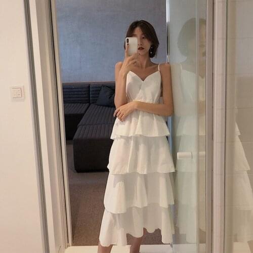 Summer New Sling Mid-length Dress Girl Seaside Vacation Bali Beach Fluffy Cake Dress SA755