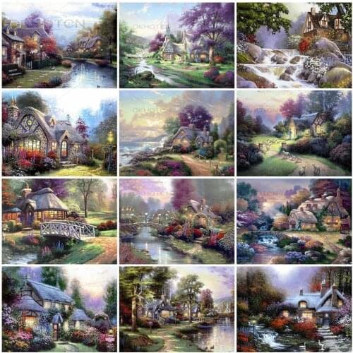 Retro Nordic Decor 5D Diy Diamond Painting House Craft Kit Diamond Embroidery Lake Landscape Full Square Round Drill Home Gift