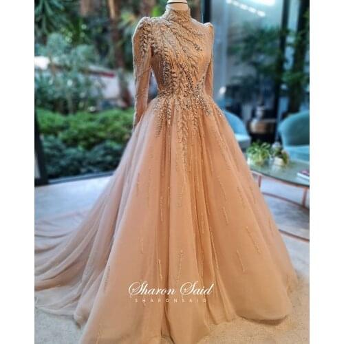 Luxury Dubai Champgane Muslim Evening Dress Long Sleeve High Neck Elegant Women Arabic Formal Dresses for Wedding Party Gowns