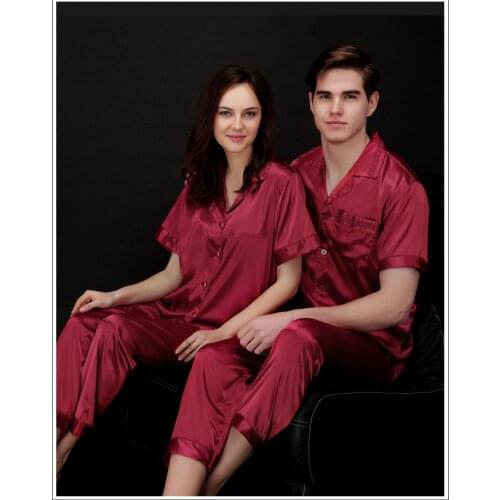 Fall short sleeved made-made silk pajamas silk couple sexy clothes suit thin men and women age Home Furnishing