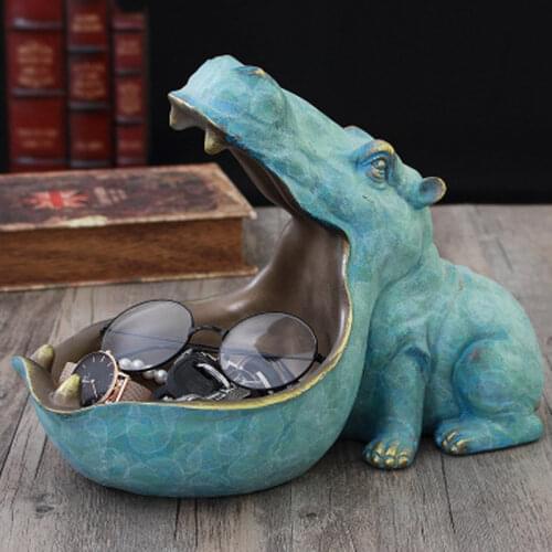 Resin Hippo Statue Ornaments Hippopotamus Sculpture Figurine Key Candy Storage Container Home Decoration Table Decor Accessories