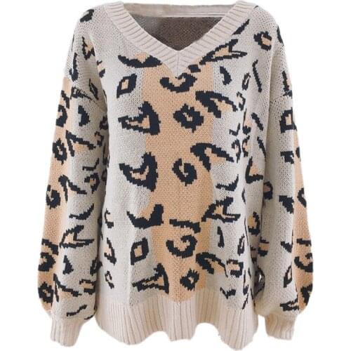Streetwear Knitted V Neck Leopard Print Sweater Long Sleeve Autumn Winter Sexy Off Shoulder Sweater Woman Sweaters Pullovers