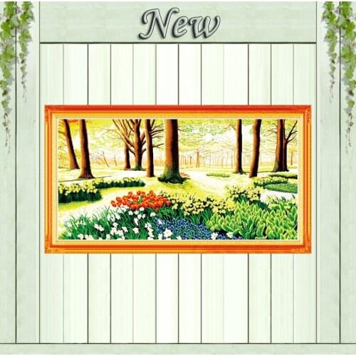 Spring Land tulip flower forest Scenery painting Counted print on canvas DMC14CT 11CT Cross Stitch Needlework kits Embroider Set
