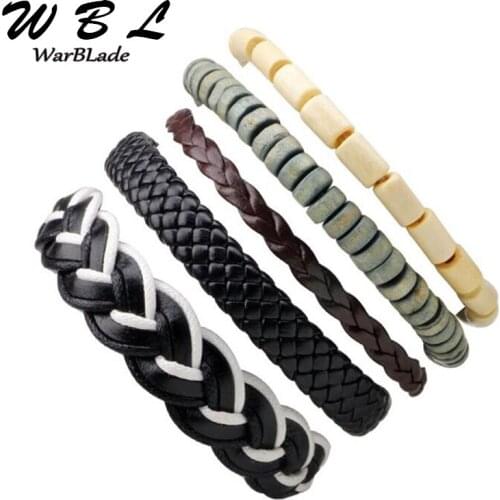 WBL DIY Genuine Leather Bracelet 4pcs/Set Men Vintage Charm Multilayer Braided Bracelets Bangle Male Punk Wrap Wristband