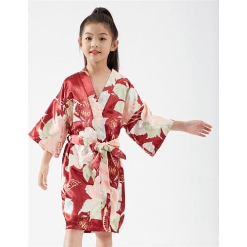 Japanese Girl Floral Print Yukata 2021 Spring and Summer Imitation Silk Lace Kimono Childrens Kawaii Dress