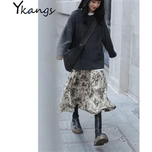 Vintage Gothic Design Ink Floral Skirt Women Autumn Korean High Waist All-Match Skirt Female Korean Style Loose Pleated Skirt