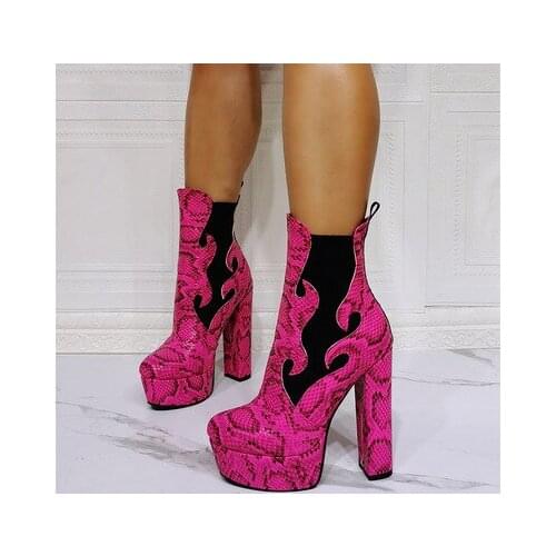 Halloween snake print waterproof platform flame thick heel fashion high heel plus size 47 female short boots