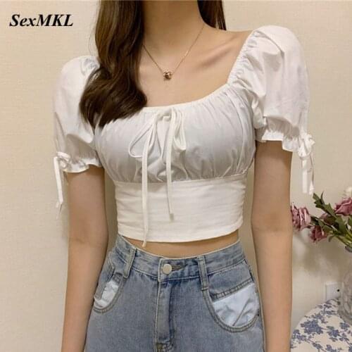Sexy Purple Puff Sleeve Ladies Tops 2021 Fashion French White Summer Corset Top Blouse Women Short Gothic Crop Bustier Blouses