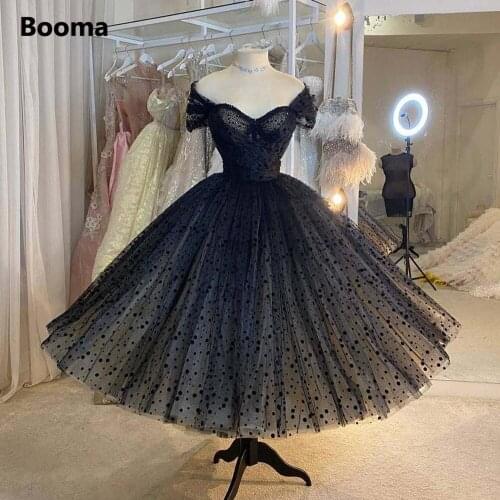 Booma Vintage Black Polka Dots Tulle Short Prom Dresses Cap Sleeves Beaded Fluffy Ball Gown Tea-Length Formal Party Dresses