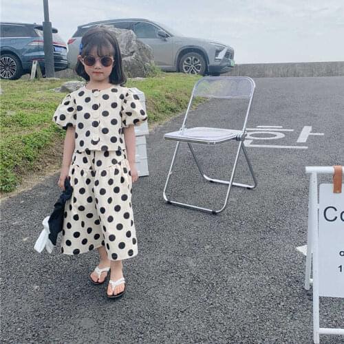 2021 Children Wear Spring Summer Short Sleeve Casual Dot Tops with Pants Set Girls Cotton Two Pieces Suits Girls Clothing