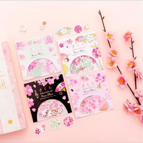 32pcs 1pack cherry blossoms sticker paper hand account stickers creative stickers night scenery DIY scrapbook 4color 9.5*9.5CM
