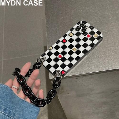 For Iphone 12 Pro Max Cases IMD Grid Cute Pattern Phone Cases for Iphone 11 Pro Max 7 8 Plus Xr Xs Max X Cover Chain Bracelet