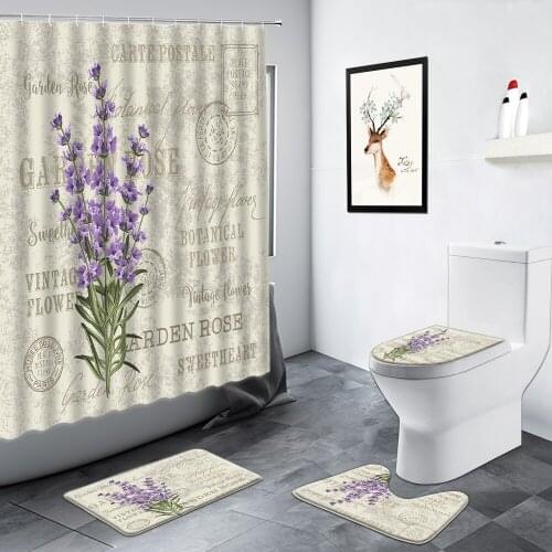 Purple Lavender Shower Curtain Flowers Plant Retro Poster Design Decor Bathroom Carpet Non-slip Door Cushion Toilet Bath Mat Set