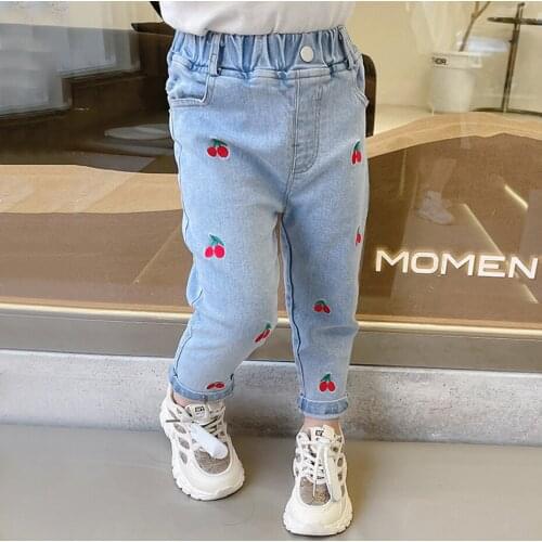 Jeans Girl Cherry Pattern Girl Jeans Kids Spring Autumn Kid Jeans Casual Style Childrens Clothing