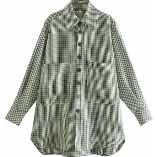 Korean Version of The Green Plaid Large Pocket Button-down Shirt Jacket and Paper Bag Waist Straight Pants Casual Set DLTZ198