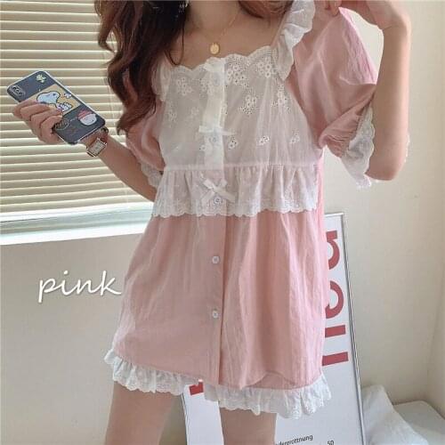 Summer Pajamas Set Cute Cotton Lace Single Breasted Cardigans Tops Short Sleeve Shirts Shorts Blue 2 Piece Set Sleepwear