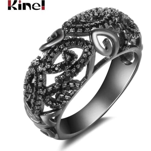 Kinel Fashion Hollow Flower Black Natural Zircon Stone Ring Vintage Big Wedding Rings For Women Promise Love Engagement Ring