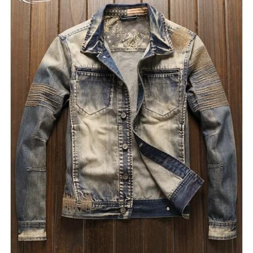 Mens Motorcycle Biker Denim Jacket Lapel Embroidery Vintage Retro Slim Fit Man Destroyed Ripped Jeans Spring Autumn Coat