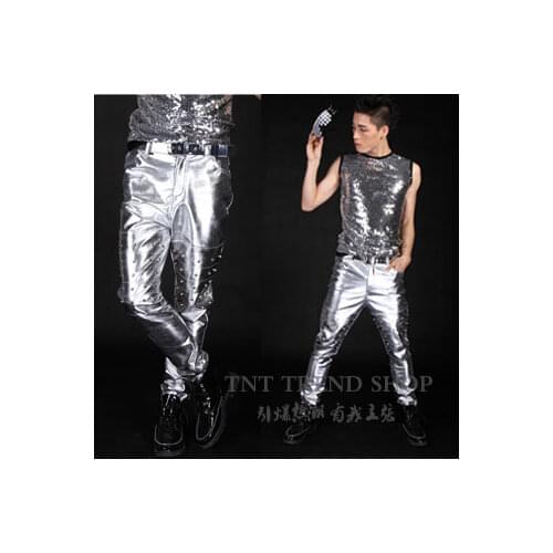 Hip Hop Plus Size Leather Pants Mens Brand New Fashion Personality Silver Rivet Pants Costume Locomotive Men Trousers / M-5xl