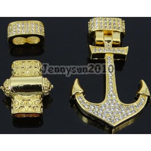 Zircon Pave Anchor Lock Clasp Set For 3mm Leather Cord Bracelet Connector Charm Clear on Gold 5Sets/Pack