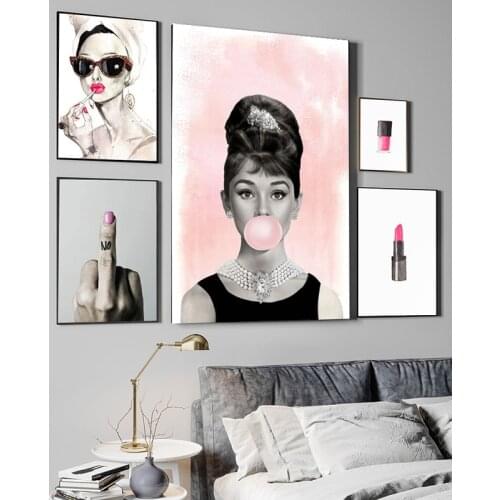 Audrey Hepburn Bubbles Wall Art Canvas Painting Print Posters Pink Lipstick Nail Polish Wall Pictures For Modern Room Decor