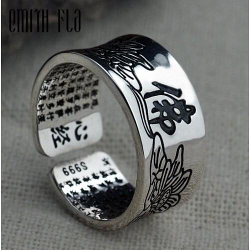 Genuine 100% 925 Sterling Silver Vintage Letter Buddhism Lotus Flower Open Rings Fashion Jewelry