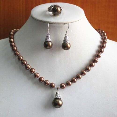 Birthday gift! jewelry set!Wholesale noble Womens coffee pearl/ Necklace earring ring(7/8/9) set
