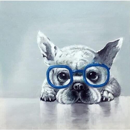 Hand Painted Blue Glasses Dog Oil Picture Abstract Animal Oil Painting on Canvas for Lving Room Wall Decor Grey Bulldog Paintin