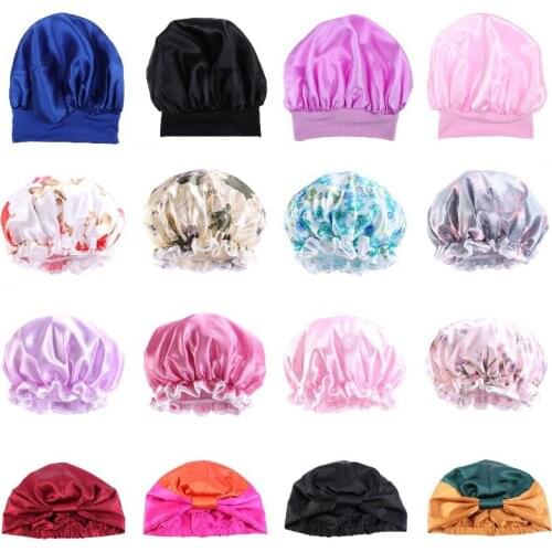 Silk Head Wide Elastic Band For Curly Springy Hair Chemo Cap Women Satin Night Beauty Salon Sleep Cap Cover Hair Bonnet Hat