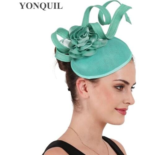 Emerald Green Fascinator Hats For Elegant Bride Wedding Church Cocktail Fedora Caps With Nice Flower Hair Accessories Headbands
