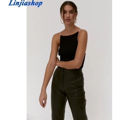 Summer women Off Shoulder Sling Tops Black white Sexy Slim Pearl Chain Camisole Club backless Tank top Lady Knitted vest