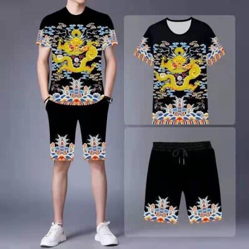 Chinese style dragon print mens short-sleeved casual suit couple street casual wear summer short-sleeved shorts 2-piece set